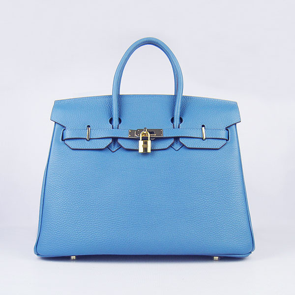 High Quality Fake Hermes Birkin 35CM Togo Leather Bag Middle Blue 6089